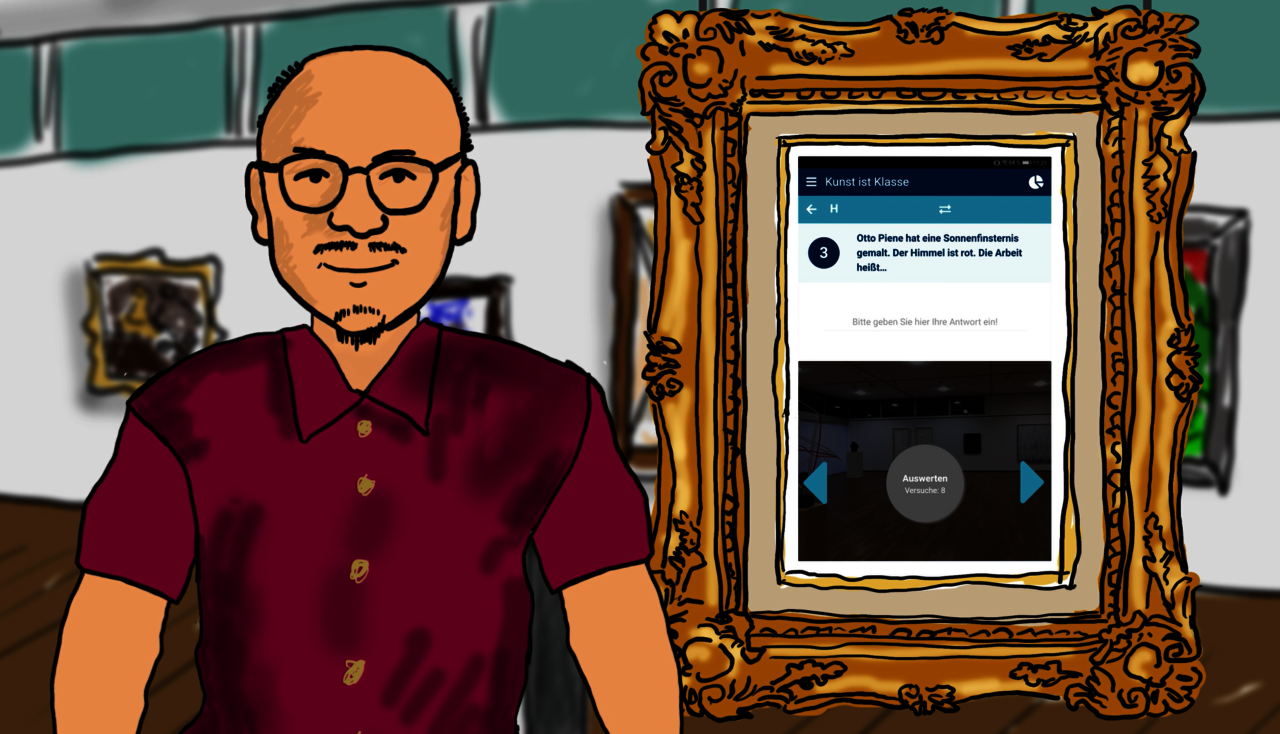 animierter Mann neben Bilderrahmen in dem eine App abgebildet ist